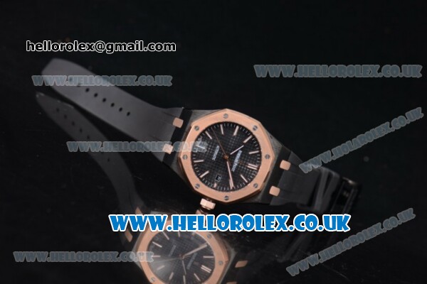 Audemars Piguet Royal Oak 36mm Asia ST16 Automatic PVD Case with Black Dial Rose Gold Bezel and Black Rubber Strap (EF) - Click Image to Close